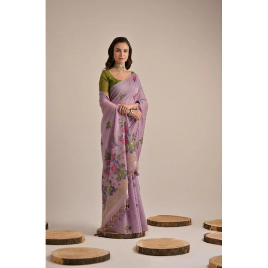 Women's Blended_Cotton Floral Motifs And Woven Buttas Saree With Unstitched Blouse 5.5Mtr (Lavender)
