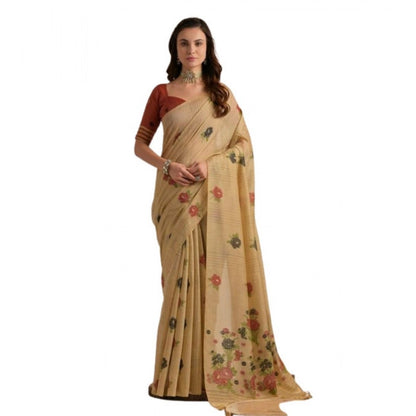 Women's Blended Cotton Floral Motifs And Woven Buttas Saree With Unstitched Blouse 5.5Mtr (Light_Beige)
