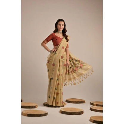 Women's Blended Cotton Floral Motifs And Woven Buttas Saree With Unstitched Blouse 5.5Mtr (Light_Beige)