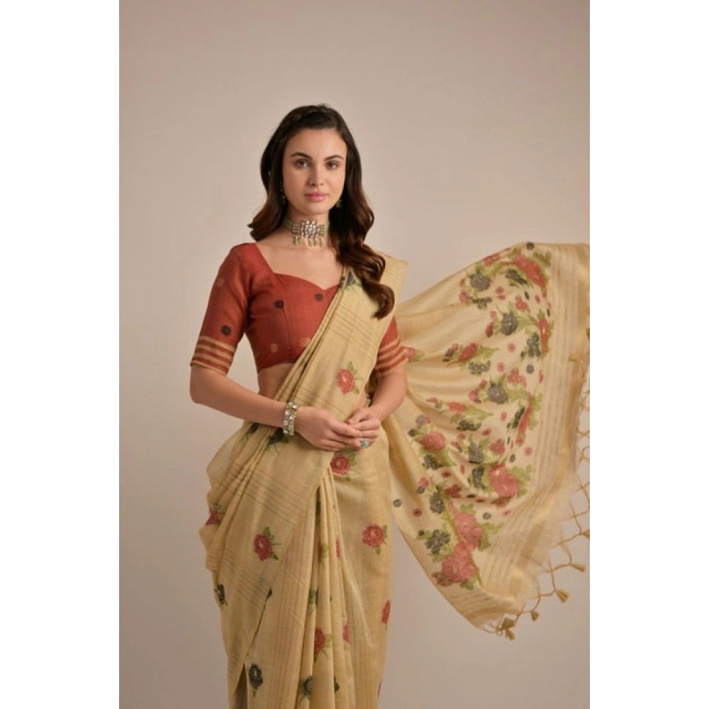 Women's Blended Cotton Floral Motifs And Woven Buttas Saree With Unstitched Blouse 5.5Mtr (Light_Beige)