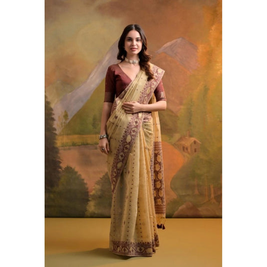 Generic Women's Blended_Cotton Woven Saree With Unstitched Blouse 5.5Mtr (Light_Beige)