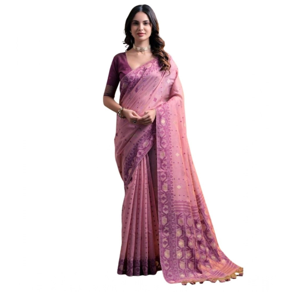 Generic Women's Blended_Cotton Woven Saree With Unstitched Blouse 5.5Mtr (Pink)