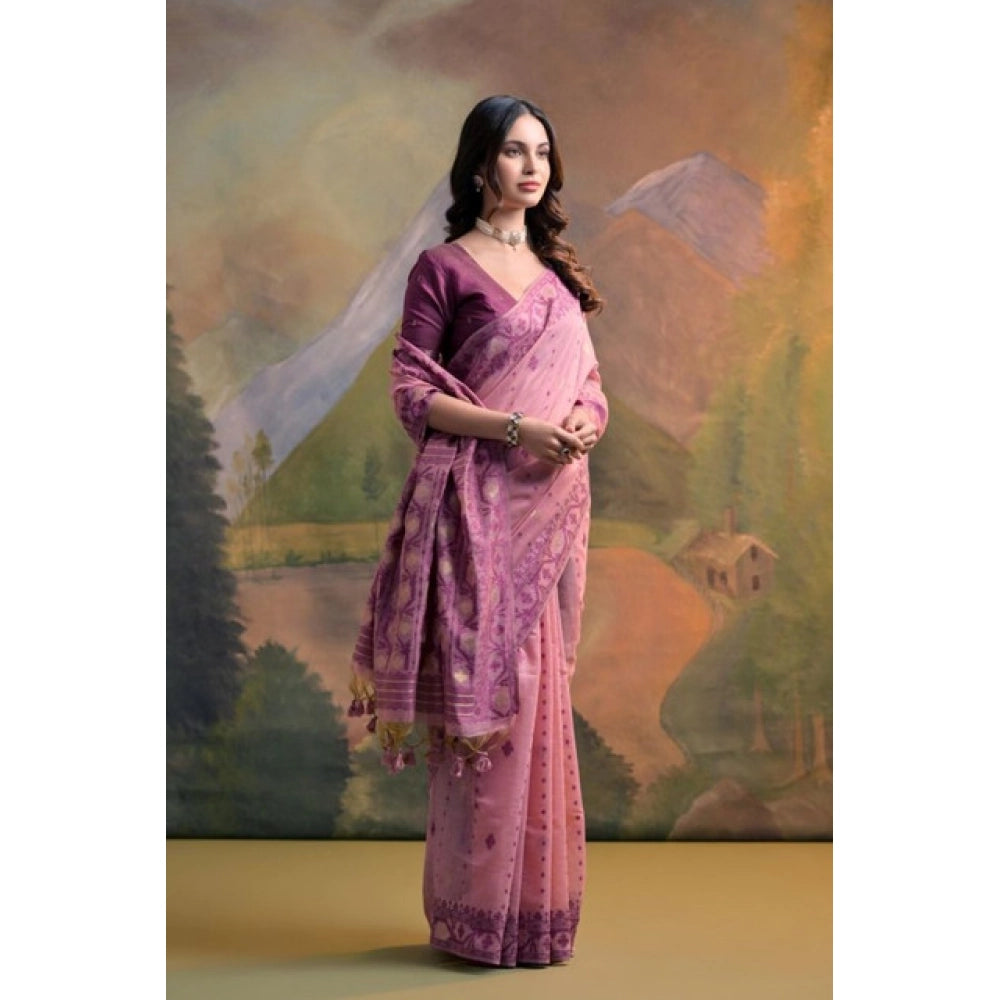 Generic Women's Blended_Cotton Woven Saree With Unstitched Blouse 5.5Mtr (Pink)