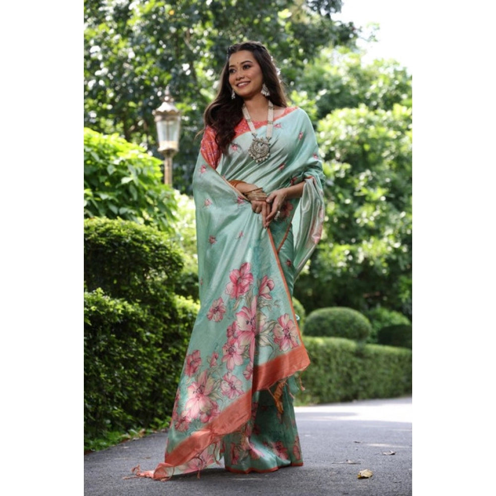 Generic Women's Faux_Tussar Floral_Print Saree With Unstitched Blouse 5.5Mtr (Dark_Green)