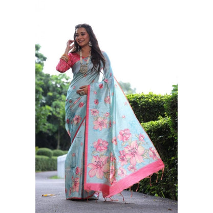 Generic Women's Faux_Tussar Floral_Print Saree With Unstitched Blouse 5.5Mtr (Sky_Blue)