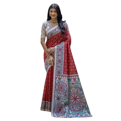 Women's Faux Tussar Geometric Print Saree With Unstitched Blouse 5.5Mtr (Red)