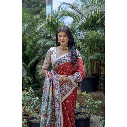 Women's Faux Tussar Geometric Print Saree With Unstitched Blouse 5.5Mtr (Red)