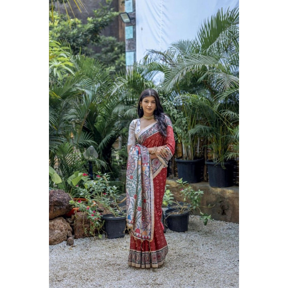 Women's Faux Tussar Geometric Print Saree With Unstitched Blouse 5.5Mtr (Red)