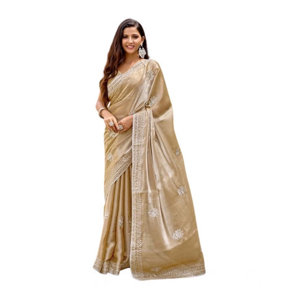 Generic Women's Faux Shimmer Floral Motifs Ready to wear Saree With Unstitched Blouse 5.5Mtr (Beige)
