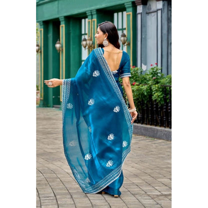 Generic Women's Faux Shimmer Motif Ready to wear Saree With Unstitched Blouse 5.5Mtr (Blue)