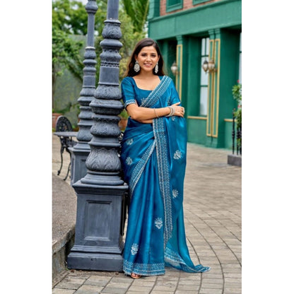 Generic Women's Faux Shimmer Motif Ready to wear Saree With Unstitched Blouse 5.5Mtr (Blue)