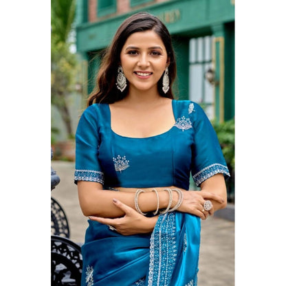 Generic Women's Faux Shimmer Motif Ready to wear Saree With Unstitched Blouse 5.5Mtr (Blue)