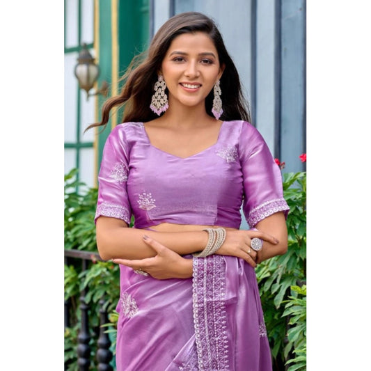 Generic Women's Faux Shimmer Floral Ready to wear Saree With Unstitched Blouse 5.5Mtr (Lavender)