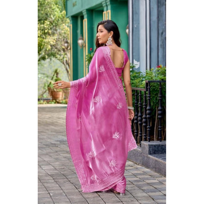 Generic Women's Faux Shimmer Floral Embroidery Ready to wear Saree With Unstitched Blouse 5.5Mtr (LightPink)