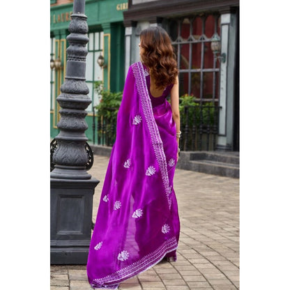 Generic Women's Faux Shimmer Floral Embroidery Ready to wear Saree With Unstitched Blouse 5.5Mtr (Purple)