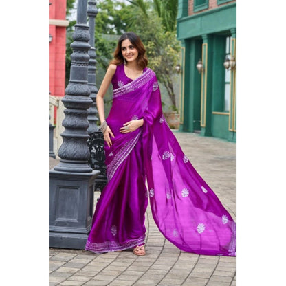 Generic Women's Faux Shimmer Floral Embroidery Ready to wear Saree With Unstitched Blouse 5.5Mtr (Purple)
