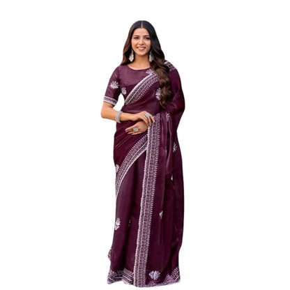 Generic Women's Faux Shimmer Floral Embroidery Ready to wear Saree With Unstitched Blouse 5.5Mtr (Maroon)