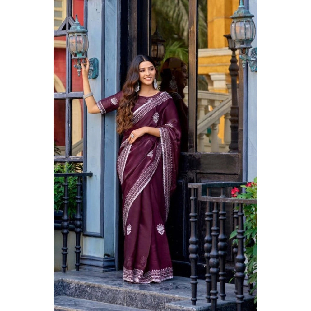 Generic Women's Faux Shimmer Floral Embroidery Ready to wear Saree With Unstitched Blouse 5.5Mtr (Maroon)
