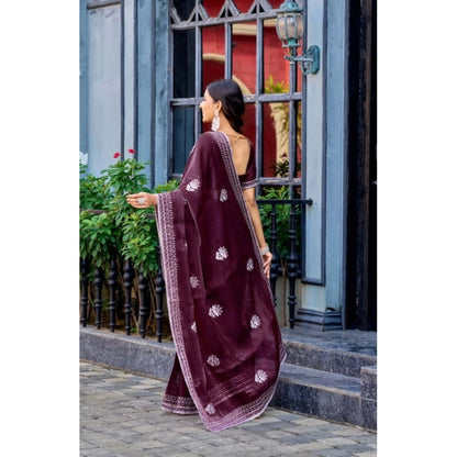 Generic Women's Faux Shimmer Floral Embroidery Ready to wear Saree With Unstitched Blouse 5.5Mtr (Maroon)