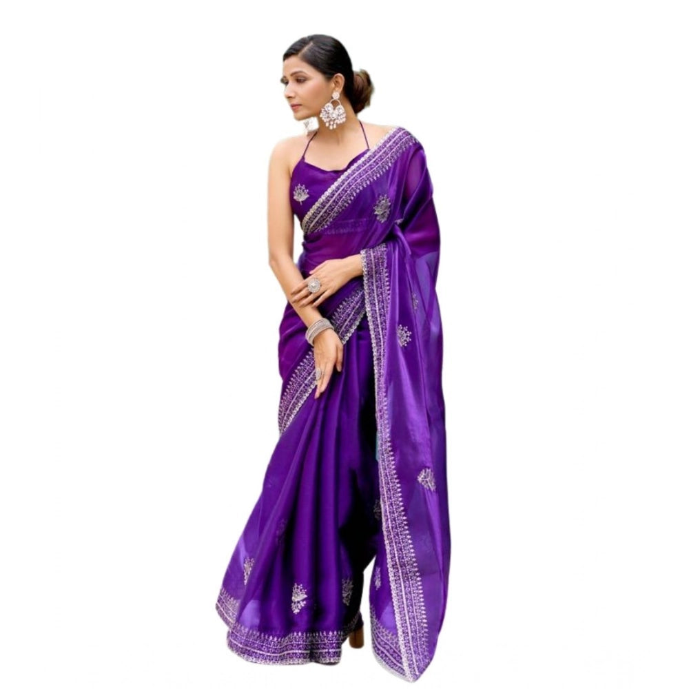 Generic Women's Faux Shimmer Floral Embroidery Ready to wear Saree With Unstitched Blouse 5.5Mtr (Purple)