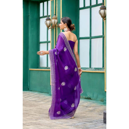 Generic Women's Faux Shimmer Floral Embroidery Ready to wear Saree With Unstitched Blouse 5.5Mtr (Purple)