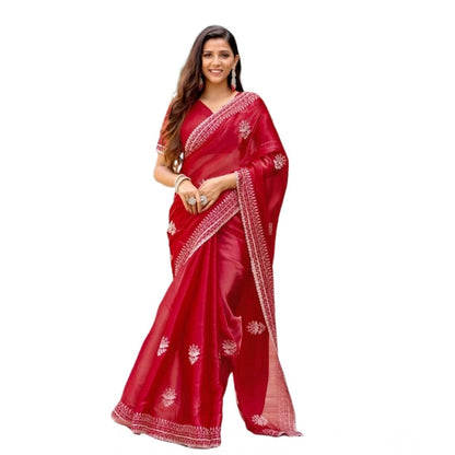 Generic Women's Faux Shimmer Floral Embroidery Ready to wear Saree With Unstitched Blouse 5.5Mtr (Red)