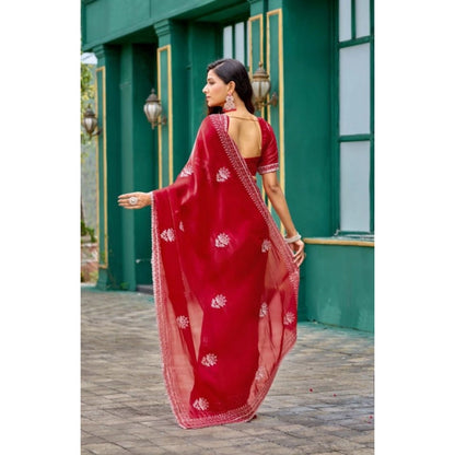 Generic Women's Faux Shimmer Floral Embroidery Ready to wear Saree With Unstitched Blouse 5.5Mtr (Red)