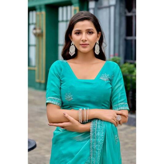 Generic Women's Faux Shimmer Floral Embroidery Ready to wear Saree With Unstitched Blouse 5.5Mtr (Turquoise)