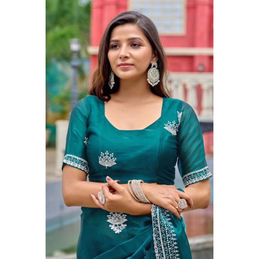 Generic Women's Faux Shimmer Floral Embroidery Ready to wear Saree With Unstitched Blouse 5.5Mtr (Teal)