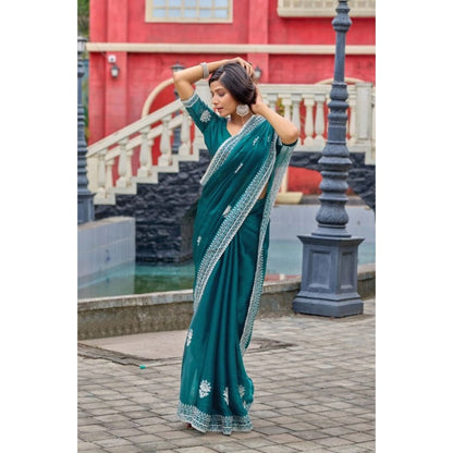Generic Women's Faux Shimmer Floral Embroidery Ready to wear Saree With Unstitched Blouse 5.5Mtr (Teal)