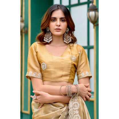 Generic Women's Faux Shimmer Geometric Ready to wear Saree With Unstitched Blouse 5.5Mtr (Beige)