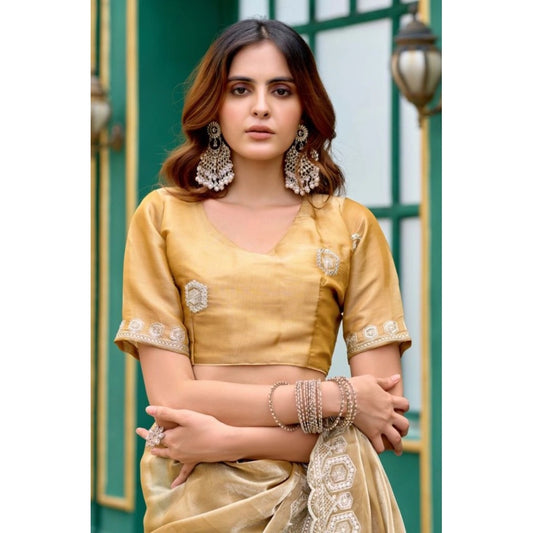 Generic Women's Faux Shimmer Geometric Ready to wear Saree With Unstitched Blouse 5.5Mtr (Beige)