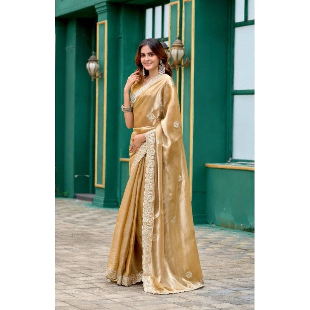 Generic Women's Faux Shimmer Geometric Ready to wear Saree With Unstitched Blouse 5.5Mtr (Beige)