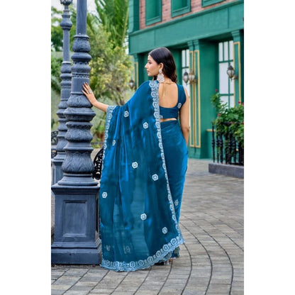 Generic Women's Faux Shimmer Geometric Ready to wear Saree With Unstitched Blouse 5.5Mtr (Blue)