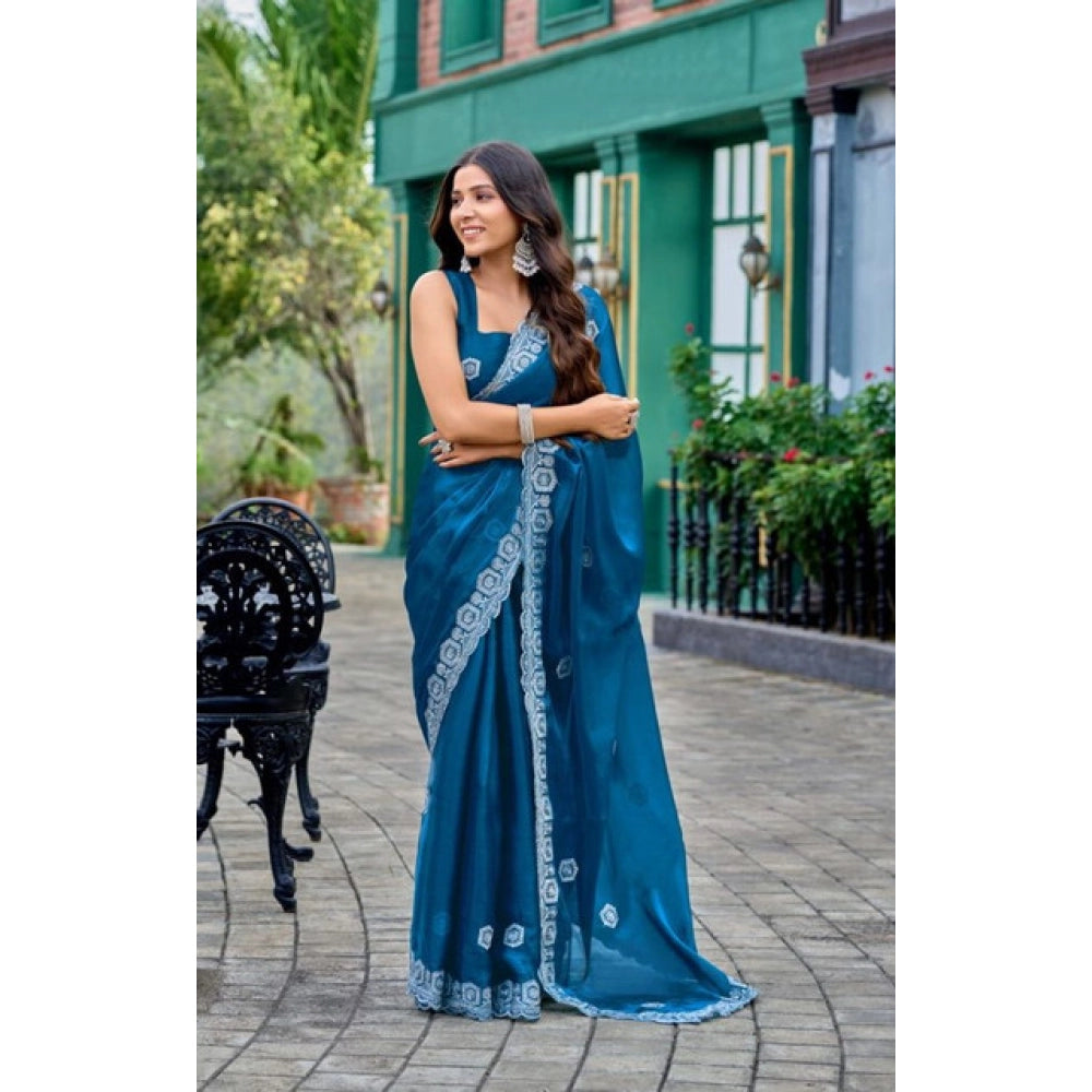 Generic Women's Faux Shimmer Geometric Ready to wear Saree With Unstitched Blouse 5.5Mtr (Blue)