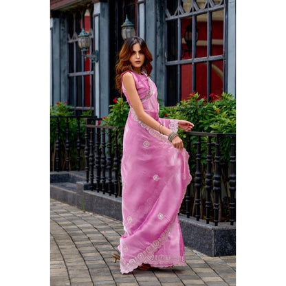 Generic Women's Faux Shimmer Geometric Ready to wear Saree With Unstitched Blouse 5.5Mtr (LightPink)