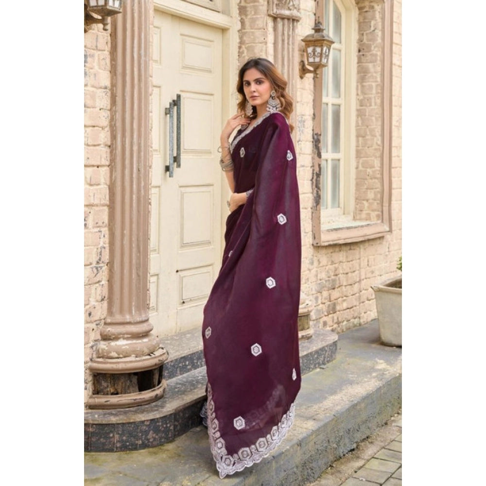 Generic Women's Faux Shimmer Geometric Ready to wear Saree With Unstitched Blouse 5.5Mtr (Wine)