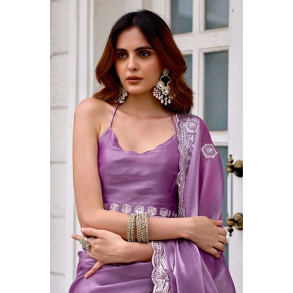 Generic Women's Faux Shimmer Geometric Ready to wear Saree With Unstitched Blouse 5.5Mtr (Lavender)