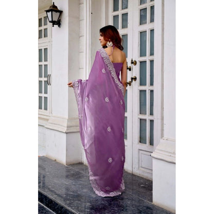 Generic Women's Faux Shimmer Geometric Ready to wear Saree With Unstitched Blouse 5.5Mtr (Lavender)