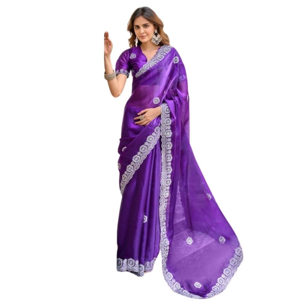 Generic Women's Faux Shimmer Geometric Ready to wear Saree With Unstitched Blouse 5.5Mtr (Purple)