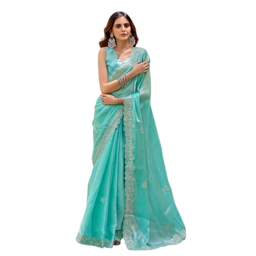 Generic Women's Faux Shimmer Geometric Ready to wear Saree With Unstitched Blouse 5.5Mtr (Light_AquaBlue)