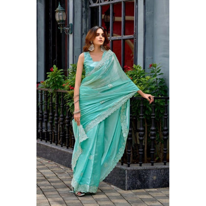 Generic Women's Faux Shimmer Geometric Ready to wear Saree With Unstitched Blouse 5.5Mtr (Light_AquaBlue)