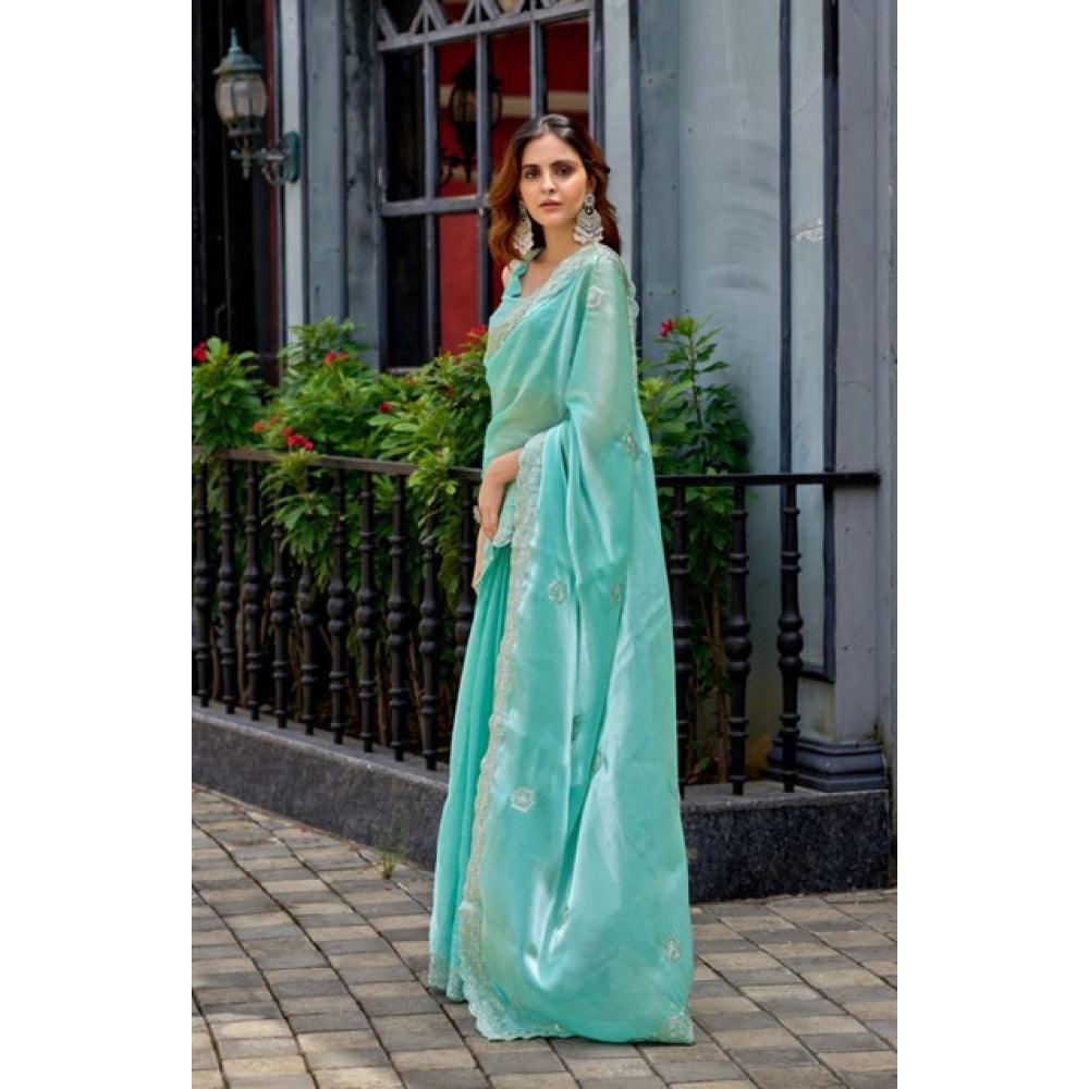 Generic Women's Faux Shimmer Geometric Ready to wear Saree With Unstitched Blouse 5.5Mtr (Light_AquaBlue)