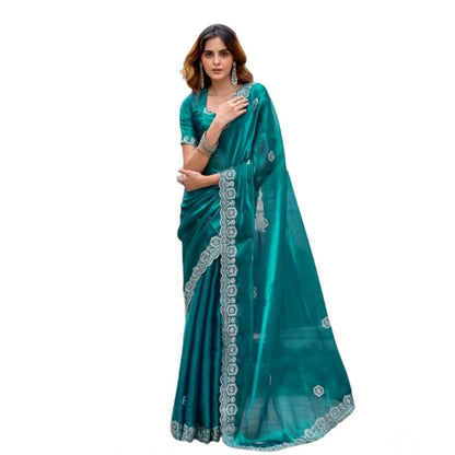Generic Women's Faux Shimmer Geometric Ready to wear Saree With Unstitched Blouse 5.5Mtr (Teal)