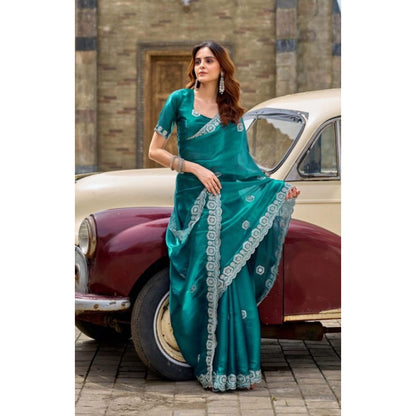 Generic Women's Faux Shimmer Geometric Ready to wear Saree With Unstitched Blouse 5.5Mtr (Teal)