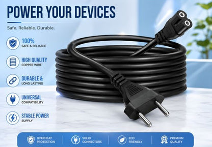 Generic 2Pin Universal AC Power Cord Wire 2.3m (7.5 ft) Compatible with LED TV, Printer, Laptop, PC, Camera (Black)