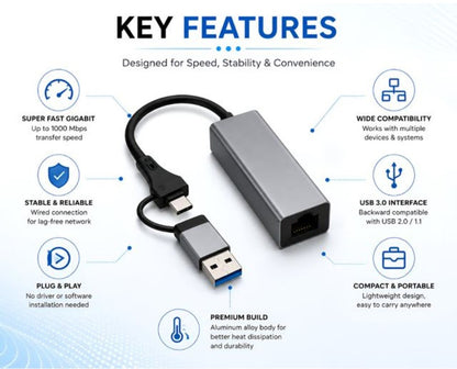 Generic USB 3.0 + Type-C to RJ45 Gigabit Ethernet Adapter, 1000 Mbps LAN Network Converter, Plug & Play, Compatible with Laptop, Desktop, MacBook & Chromebook, Metal Body (Grey)
