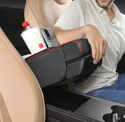 Generic Faux Leather 5-In-1 Car Arm Rest Cushion With Cup Holder (Black-Red)