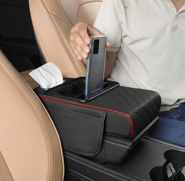 Generic Faux Leather 5-In-1 Car Arm Rest Cushion With Cup Holder (Black-Red)