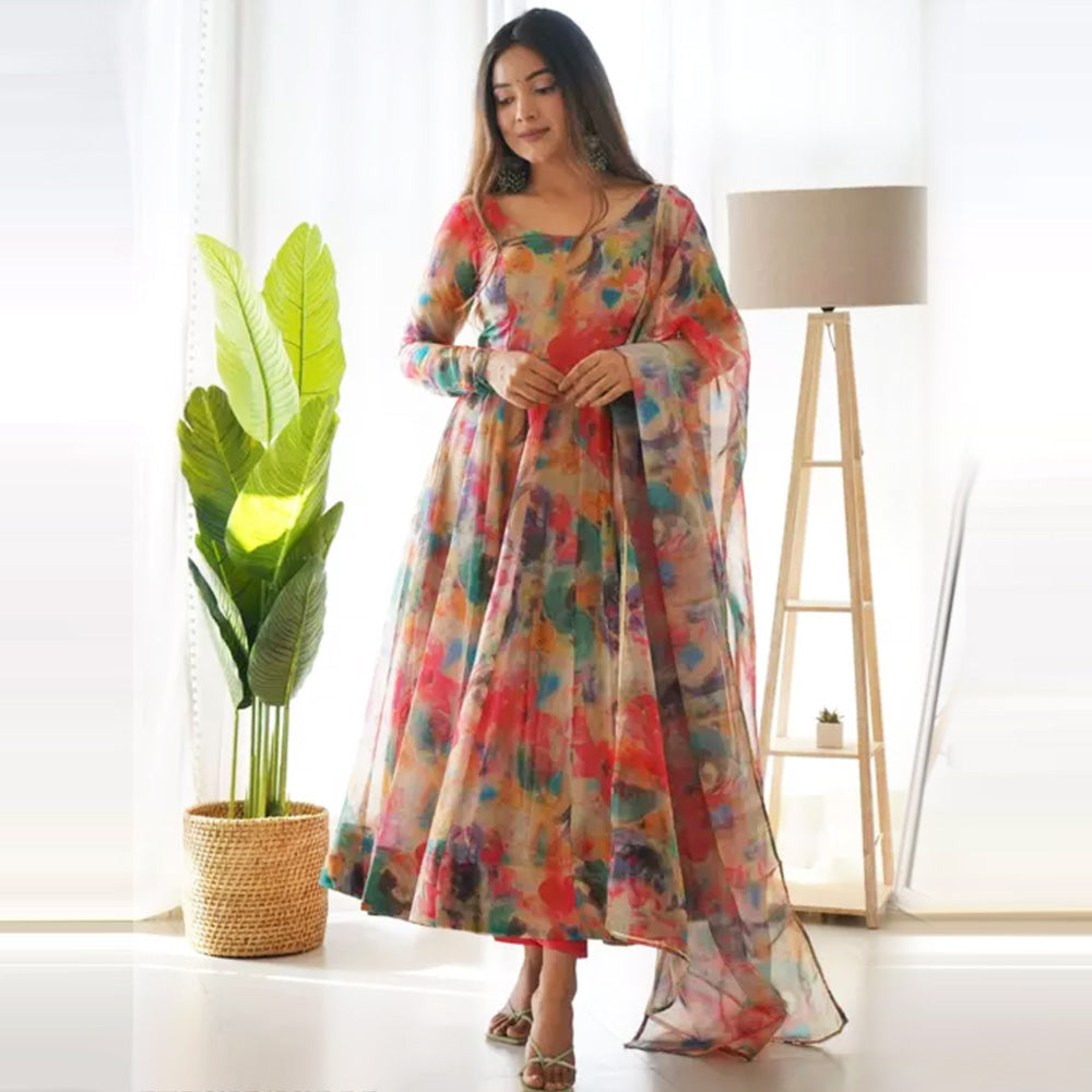 Flower Printed Anarkali Long Churidar Sleeve Kurta with Dupatta Set